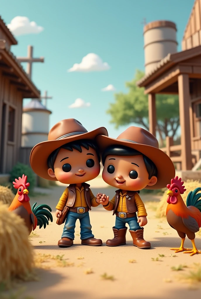 Two funko style kids, Siblings, brown skin, with cowboy hat, Boots, shirt, denim pants and pet fighting cocks, farm background 