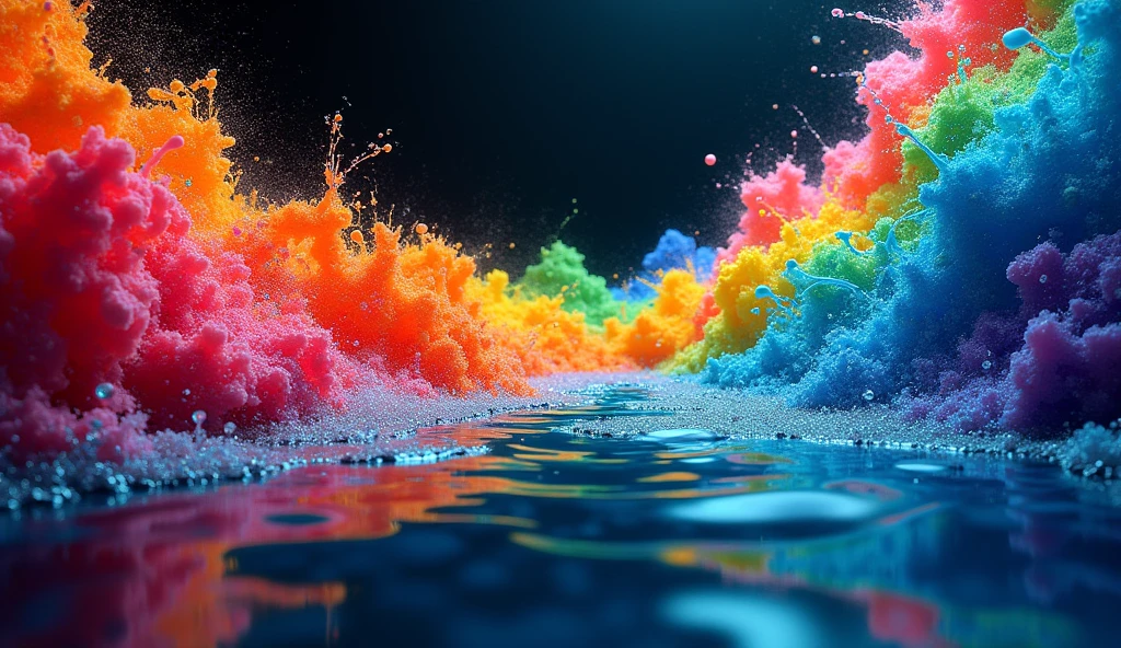 3D abstract rainbow liquid, low angle camera shot from under water, paint sprayed to water from left and right side, paint in rainbow colours, black background, illustrative, UHD, (best quality,4k,8k,highres,masterpiece:1.2),ultra-detailed,(realistic,photorealistic,photo-realistic:1.37),vivid colors,vibrant,dynamic,mesmerizing,hypnotic,liquid art,abstract expressionism,liquid rainbow,underwater scene,dramatic lighting,dynamic composition,rainbow sprays,black void background