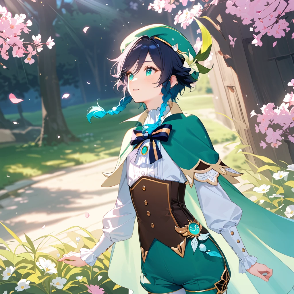 (best quality,4k,8k,highres,masterpiece:1.2),1boy,venti genshin impact,male focus,flat chest,ultra-detailed,realistic,(dsmile:0.5),morning of spring,delicate light rays,rich color palette,elegant curves,effects of light and shadow,flower petals falling,springtime essence,ethereal atmosphere,peaceful garden background,morning dew,soft sunlight filtering through trees,lush plants,komorebi,vividly colored blossoms,transcendent beauty,awe-inspiring artwork,white long-sleeved shirt, brown corset,green shorts, white tights,green cape,hat,brooch,green eyes,wise and kind god,cinematic lighting, ray tracing, UHD, high details, high quality, award winning, super detail,wind magic