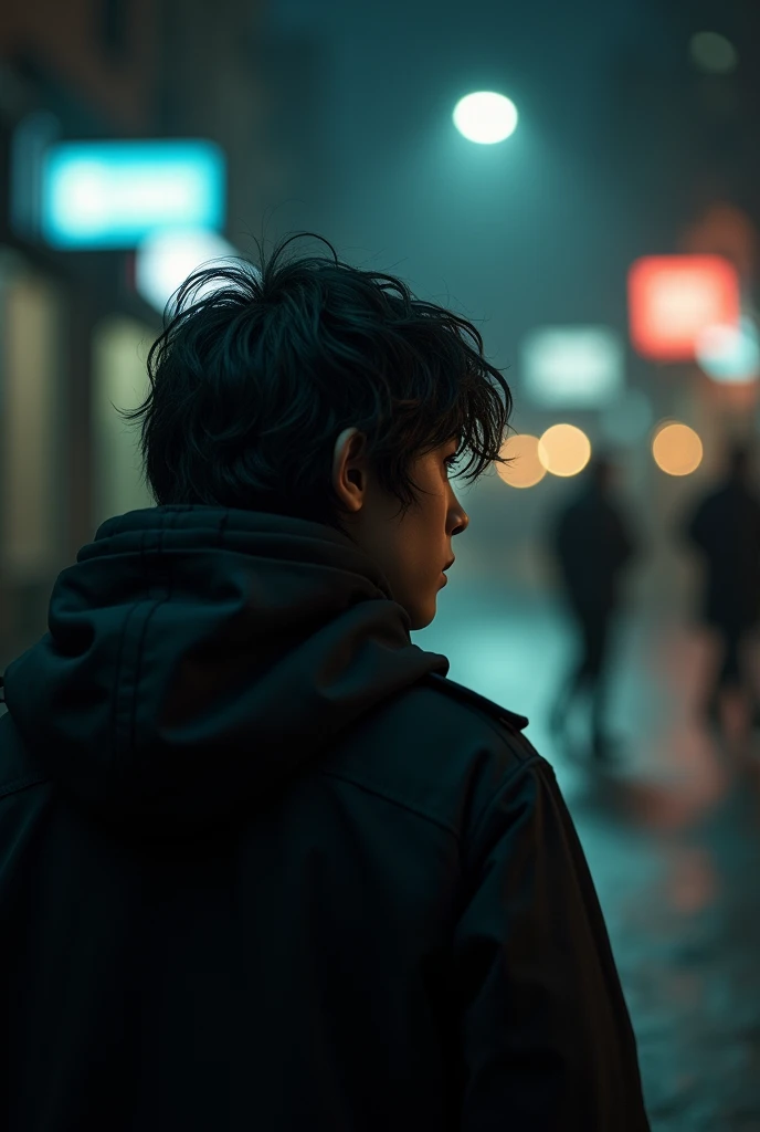 (Cinematic photo:1.3) , (highest quallity、tabletop、8k、best quality image、hyperrealistic realism) male teenager, belo male teenager, wearing a black coat with a hood on his head, detailded, long hair, watching two men from afar, Grieving, em uma rua iluminada Fotografia Digital UHD Altamente detailded texture, realistic texture, digitalpainting, highly detailed shot