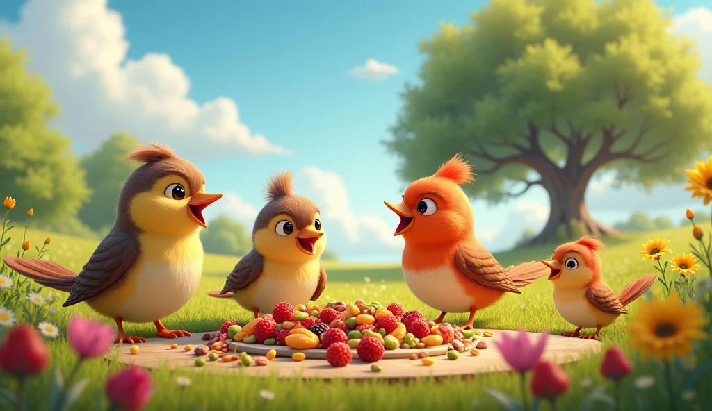 The  bird’s parents chirping happily, with a spread of seeds and berries on the ground below. Benny and his friends are enjoying the feast and celebrating. The scene depicts a festive atmosphere in the meadow with the oak tree in the background.