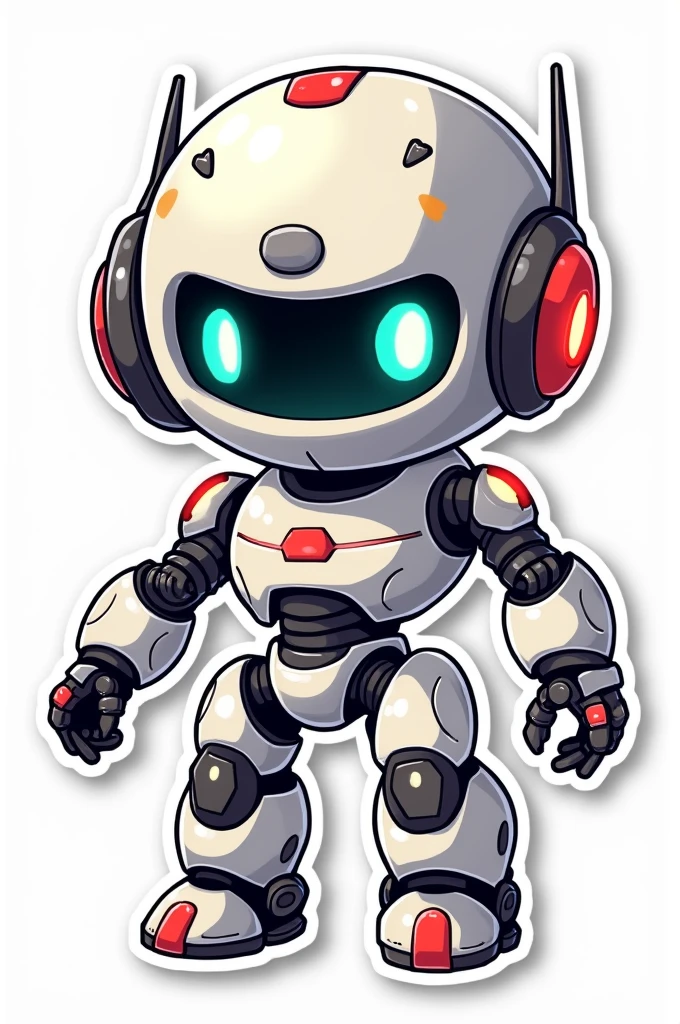 Generate an anime style sticker of a chibi robot, with borders and white background