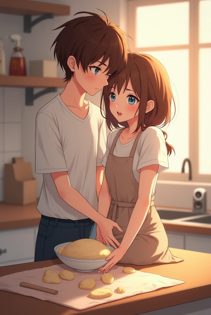 background an elegant kitchen with neutral colors, warm light. girl sitting on the kitchen bar with very light brown hair and brown eyes and red lips. Standing behind the counter while kneading flour from a bowl, brown haired boy with blue eyes behind her with his hands on top of her while he has his face pressed against the girl's neck, a small speaker next to the bar.