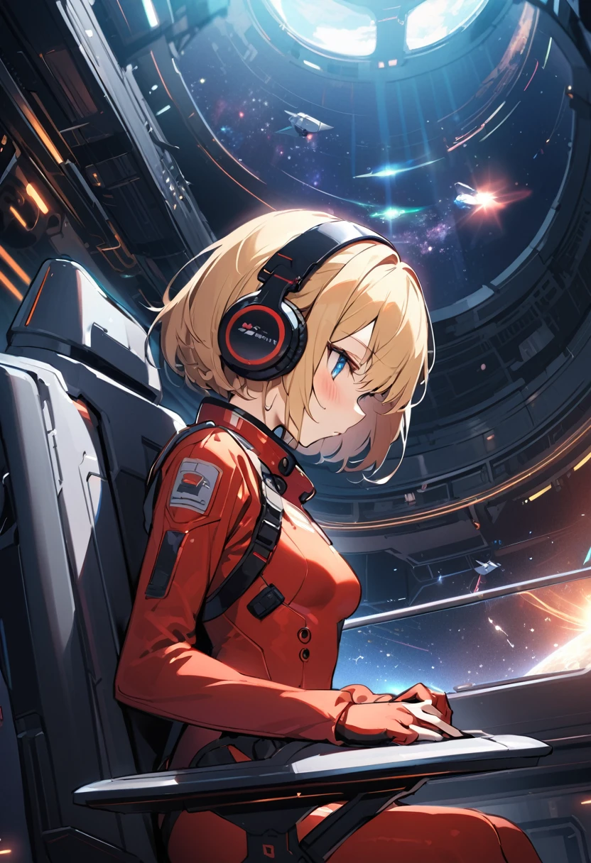 ( short hair, street, Emo, Blonde, Blue Eyes, ,headphone,eyeliner, Apocalypse, , internal (cockpit) of (Futuristic spaceship:1.6), , blush,Sit on a chair, Covered navel, Space Helmet, Mvrów, Space Helm, Plug Suit , Space Helmet, Eva Helm,Red bodysuit, short hair, From the side,Upper Body,close,Looking this way、background moving at high speed、