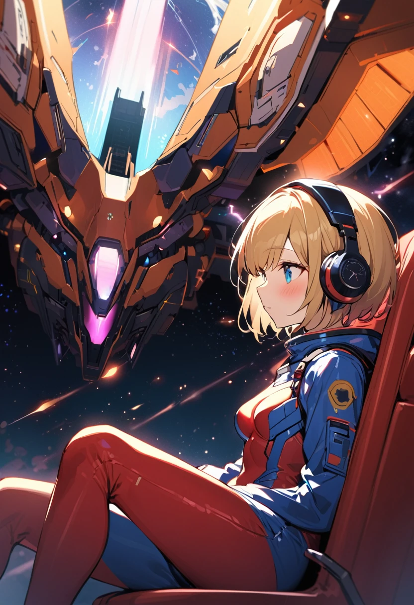 ( short hair, street, Emo, Blonde, Blue Eyes, ,headphone,eyeliner, Apocalypse, , internal (cockpit) of (Futuristic spaceship:1.6), , blush,Sit on a chair, Covered navel, Space Helmet, Mvrów, Space Helm, Plug Suit , Space Helmet, Eva Helm,Red bodysuit, short hair, From the side,Upper Body,close,Looking this way、background moving at high speed、