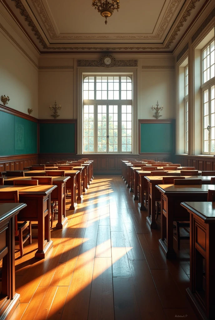 Luxury school classroom with chairs and tables but no one is there