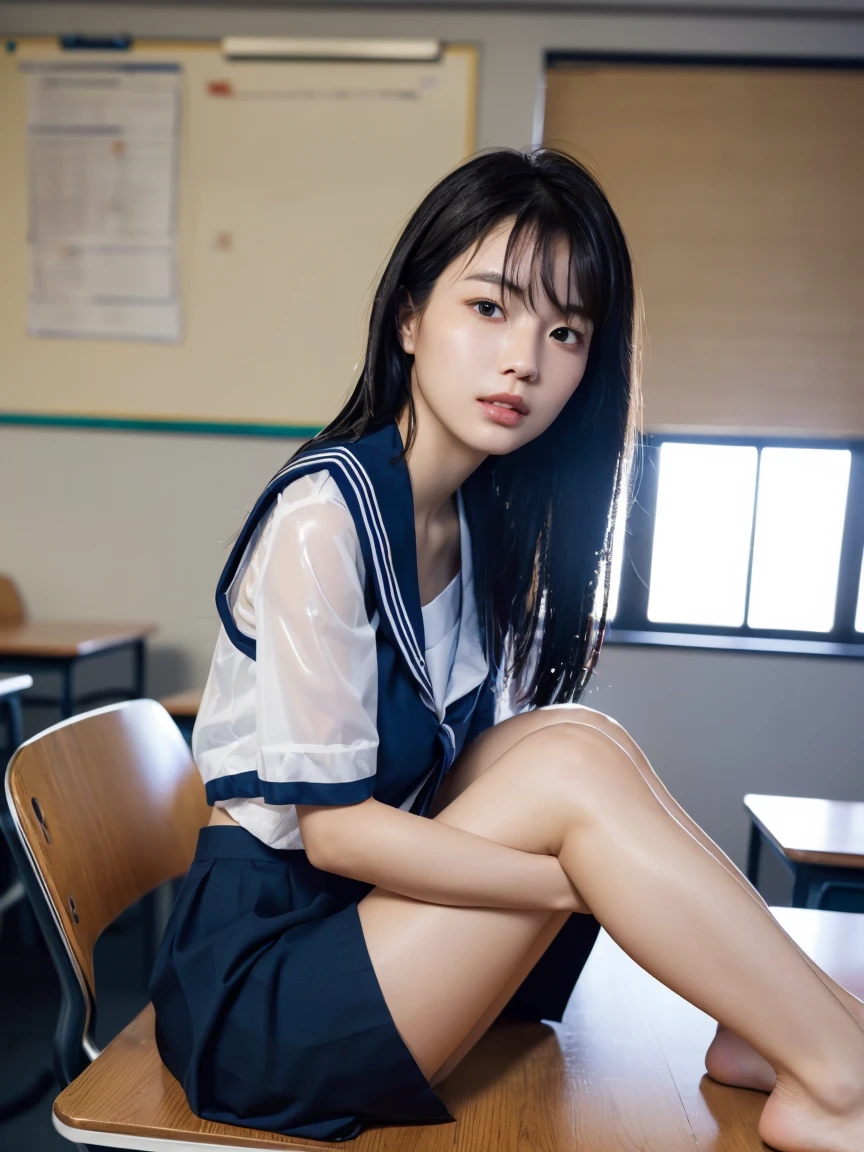 masterpiece:1.2, Very detailed, Ultra-high resolution, Realistic, photo Realistic:1.6,High-resolution RAW color photos, Professional photos, Sharp focus:1.2, Very detailed顔と肌の質感, Very beautiful eyes, Glossのある肌, Glowing Skin, Glowing Skin, Shining Face, Gloss, Oily skin, greasy face, Oily skin, greasy face, real Glossのある肌 texture, Perfect Anatomy, Very detailed背景,(High school classroom at night),1 female,25-year-old woman, Japanese women,short hair, Straight hair, bangs, Brown Hair,((Flat Chest:1.6)),Slender legs, ((A sheer white short-sleeved sailor suit、Navy blue pleated skirt:1.5、Sexy T-panties under skirt)),((Sit at a desk hugging your knees:1.4))、((A sailor uniform with a very transparent bra:1.4)),Invite to sex