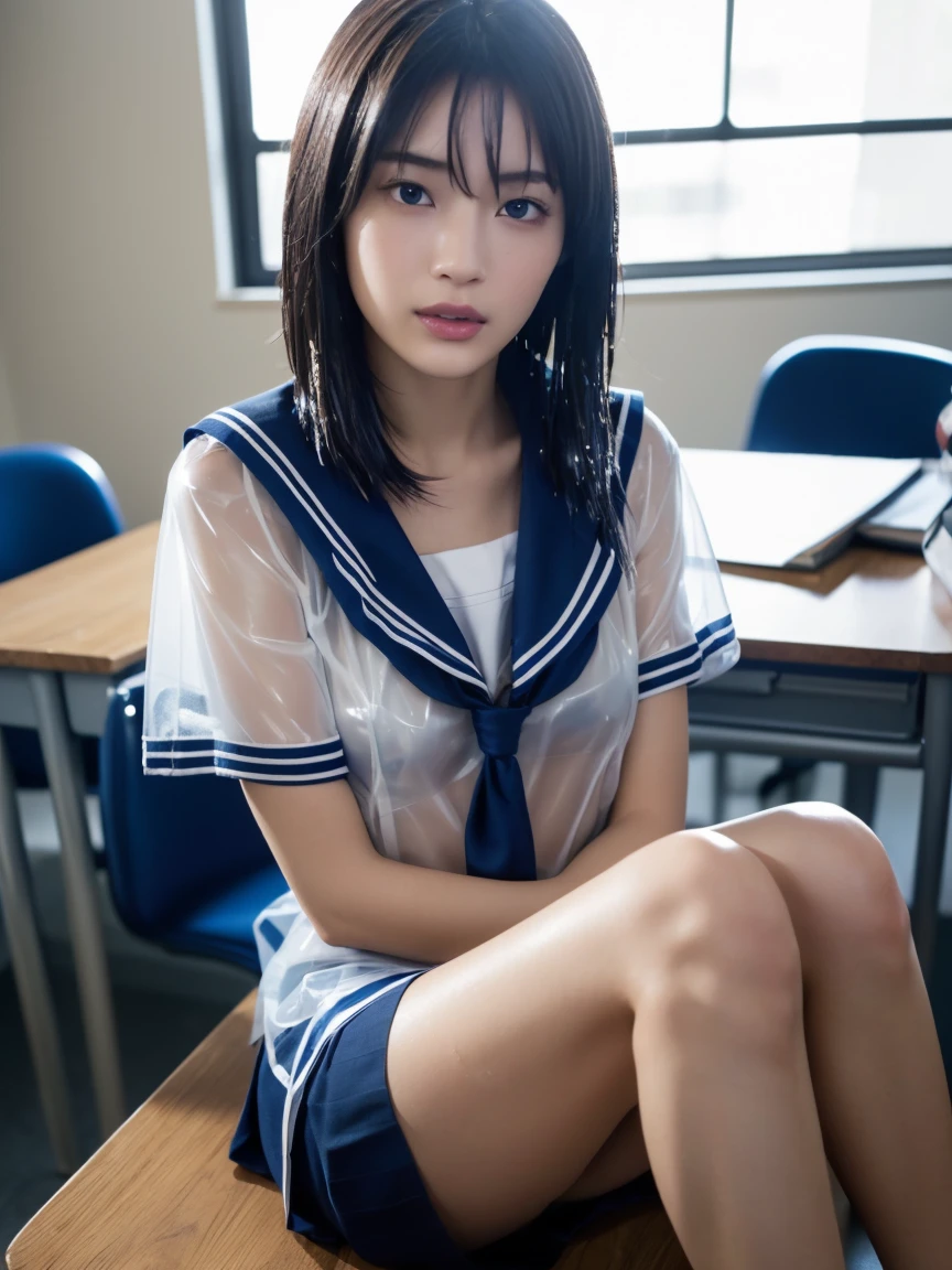 (masterpiece:1.2), Very detailed, Ultra-high resolution, (Realistic, photo Realistic:1.6), High-resolution RAW color photos, Professional photos, Sharp focus:1.2, (Very detailed顔と肌の質感, Very beautiful eyes, Glossのある肌, Glowing Skin, Glowing Skin, Shining Face, Gloss, Oily skin, greasy face, Oily skin, greasy face,),, (real Glossのある肌 texture), Perfect ???????, Very detailed背景,(High school classroom at night),1 female,25-year-old woman, Japanese women,Height: 168cm,(short hair, Straight hair, bangs, Brown Hair),((Flat Chest:1.6)),(Slender legs), ((((White short-sleeved sailor suit、Navy blue pleated skirt:1.5、A perfectly detailed sexy bra inside a sailor uniform:1.4、Perfectly detailed sexy string thong inside the skirt))),((sit at a desk with your knees up:1.3))、(((A translucent sailor uniform, wet and see-through:1.4))),Invite to sex