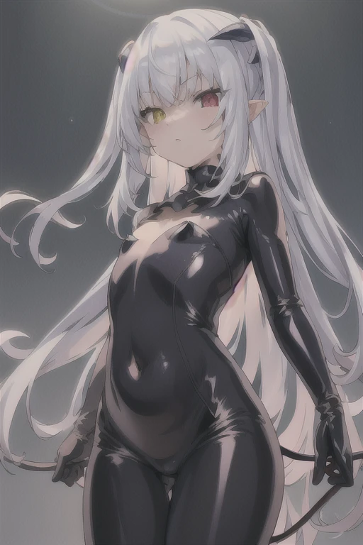 masterpiece, best quality, ultra-detailed, glistening shiny, glowing light, ray tracing, HDR, deph of field, (perfect face, detailed face), 1girl, solo, chloelilith, flat chest, long hair, two side up, pointy ears, demon girl, demon horns, heterochromia, latex bodysuit, navel,standing, cowboy shot