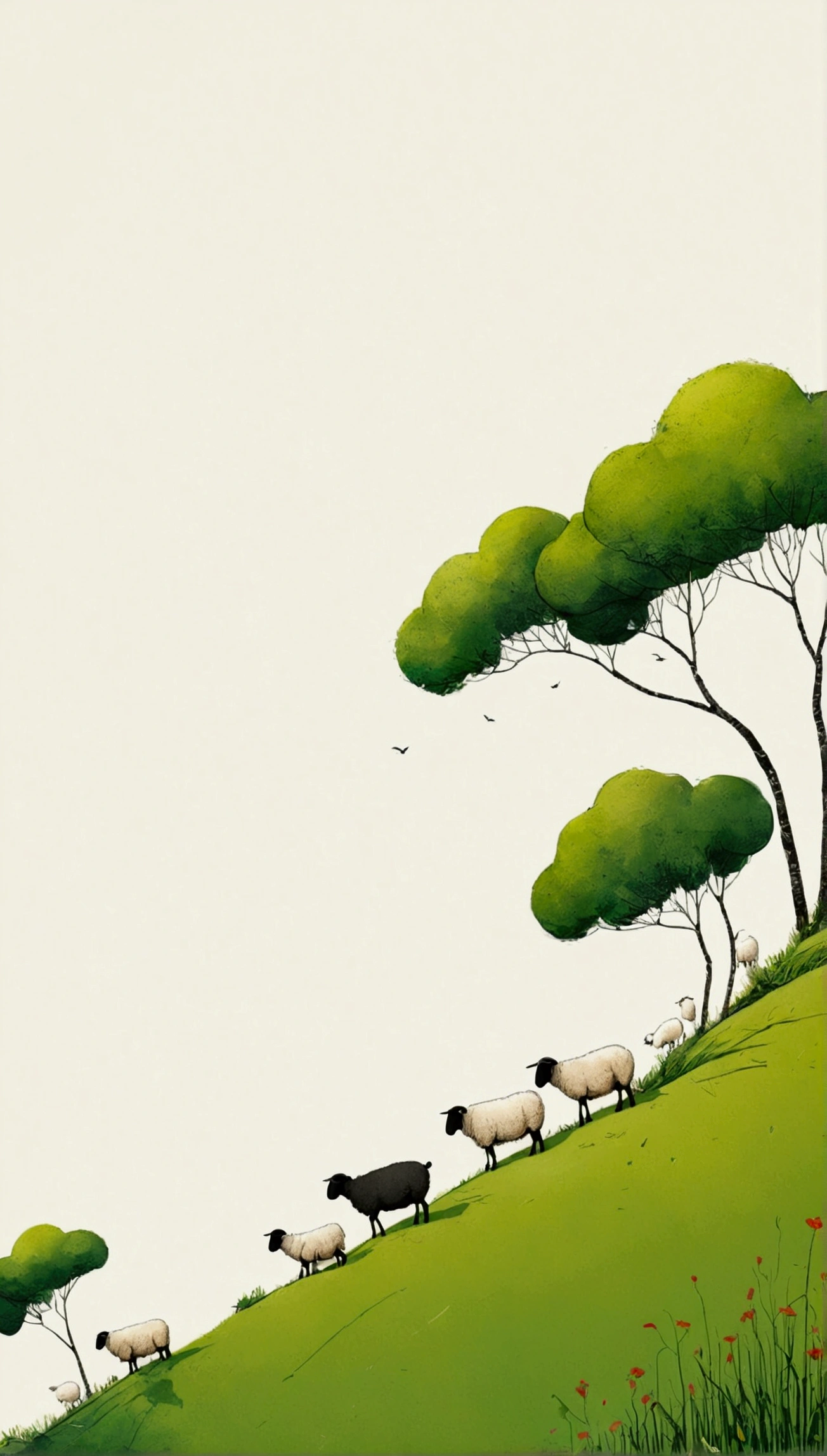 Sky accounts for 3%/4,75%Blank.中国水墨画sketch:Light Ink,Lowercase,sketch,artistic conception:2.point,sheep on grass,Small house in the distance,Minimalism,White background。(((Negative Space:2,大面积Blank:2, Bottom left composition)))