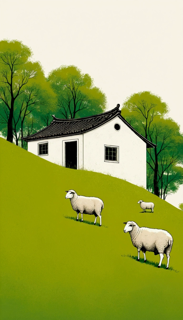 Sky accounts for 3%/4,75%Blank.中国水墨画sketch:Light Ink,Lowercase,sketch,artistic conception:2.point,sheep on grass,Small house in the distance,Minimalism,White background。(((Negative Space:2,大面积Blank:2, Bottom left composition)))