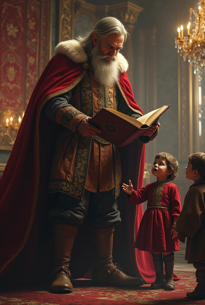 The lord of the medieval palace furiously snatches the book from the hands of some children who were reading.