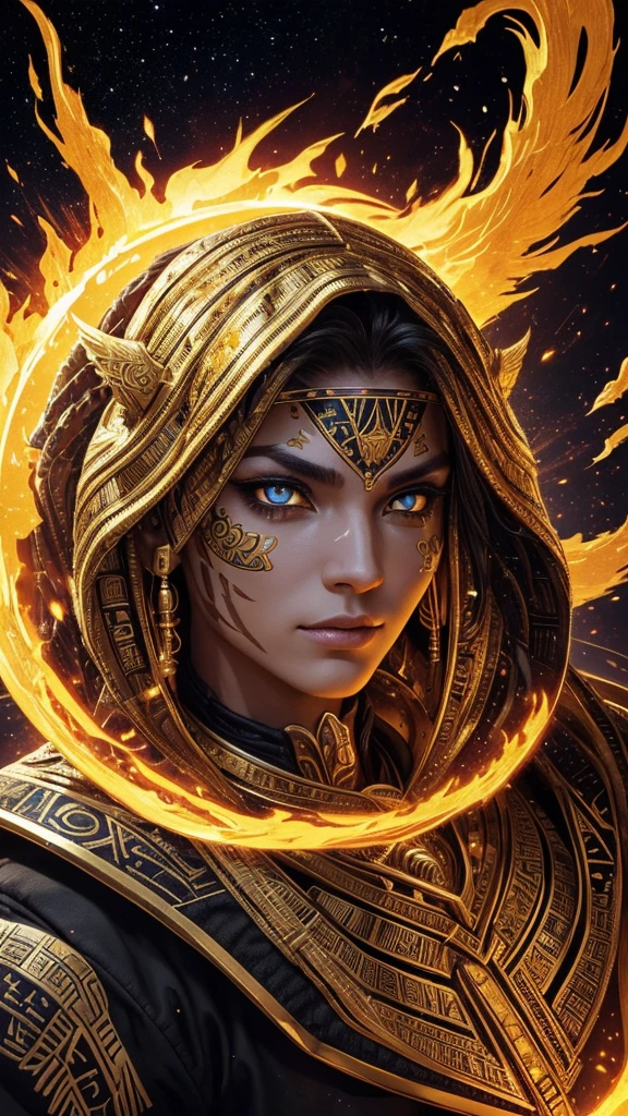 "(best qualityer,high resolution),close of the Cosmic Phoenix's face,covered in bandages with golden hieroglyphs,(detailded:1.1),(bright and intense colors:1.1),(realisitic:1.1) graphic art style,Frightening,eye sockets with shining golden eyes,detailded wrinkles, dark circles under his eyes, all this with a macabre."