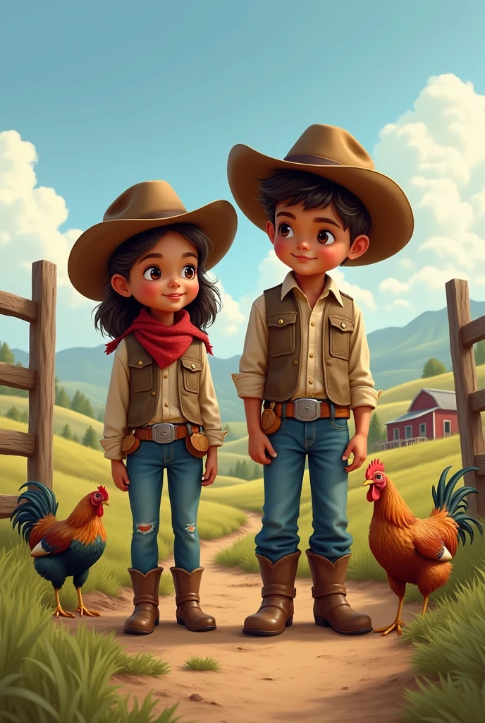 two , Siblings, brown skin, with cowboy hat, Boots, shirt, denim pants and pet fighting cocks, farm background 