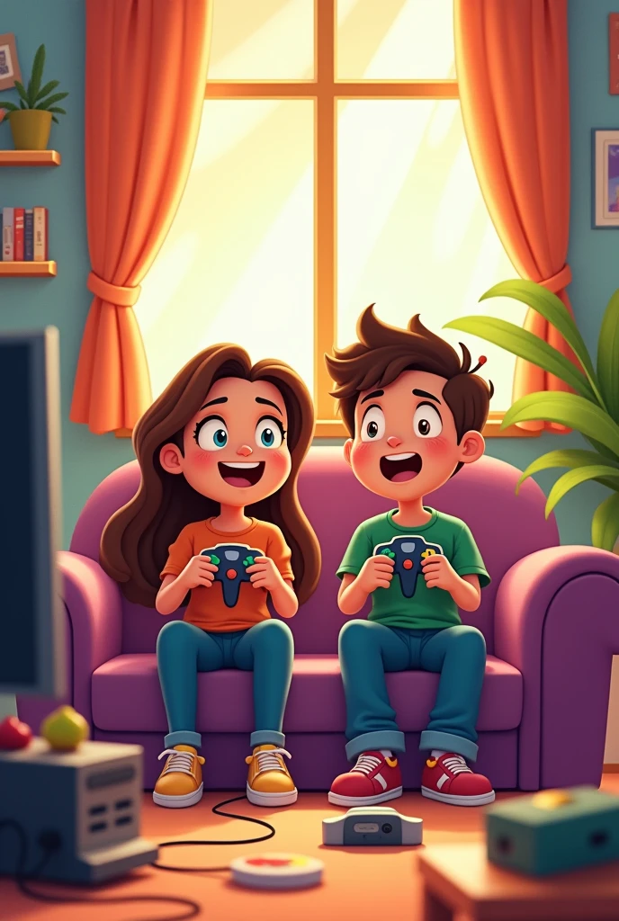 A 16:9 cartoon image with two young people playing Nintendo 64
