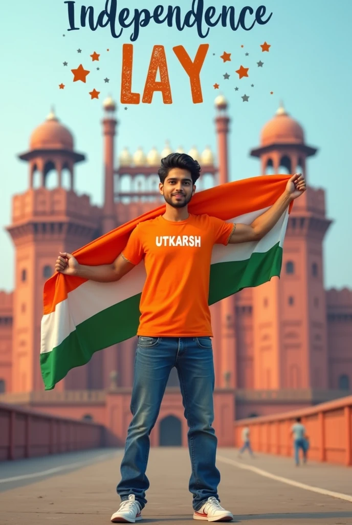 A real 24 years old boy, Wearing Orange T shirt blue jeans sneakers and the name "Utkarsh" is written on his t-shirt and the boy is standing on The road with holding a national flag of India, and behind him is the Red Fort Delhi. And written on sky "Independence Day" Create Realistic Image high quality