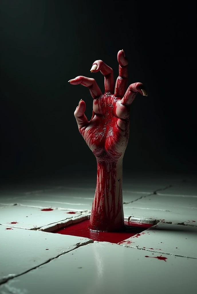 Create a terrifying image of a bloody human hand emerging from a ceramic floor, Clamped to the ground, with a black background and a light illuminating it from above. "Hand with 5 fingers"
