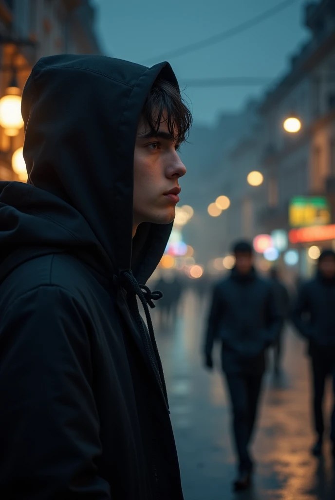 (Cinematic photo:1.3) , (highest quallity、tabletop、8k、best quality image、hyperrealistic realism) male teenager, belo male teenager, wearing a black coat with a hood on his head, detailded, long hair, watching two men from afar, Grieving, em uma rua iluminada Fotografia Digital UHD Altamente detailded texture, realistic texture, digitalpainting, highly detailed shot