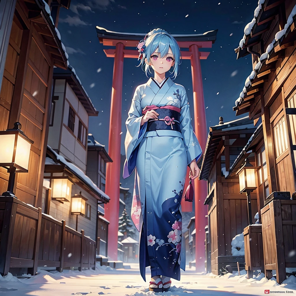(Sky blue hair tied in a single strand),(Pink Eyes),Fair Skin,Full Body,Alone,Snowy Night,Drawing a divine lot at a temple,japanese kimono,Masterpiece, Top Quality, Very Detailed, Best Shadows,Detailed Background,Beautifully Detailed Face,High Contrast,Best Lighting, Very Delicate and Beautiful,Cinematic Light,Hyper Detail,8k,Dramatic Light,Exquisite Detail,