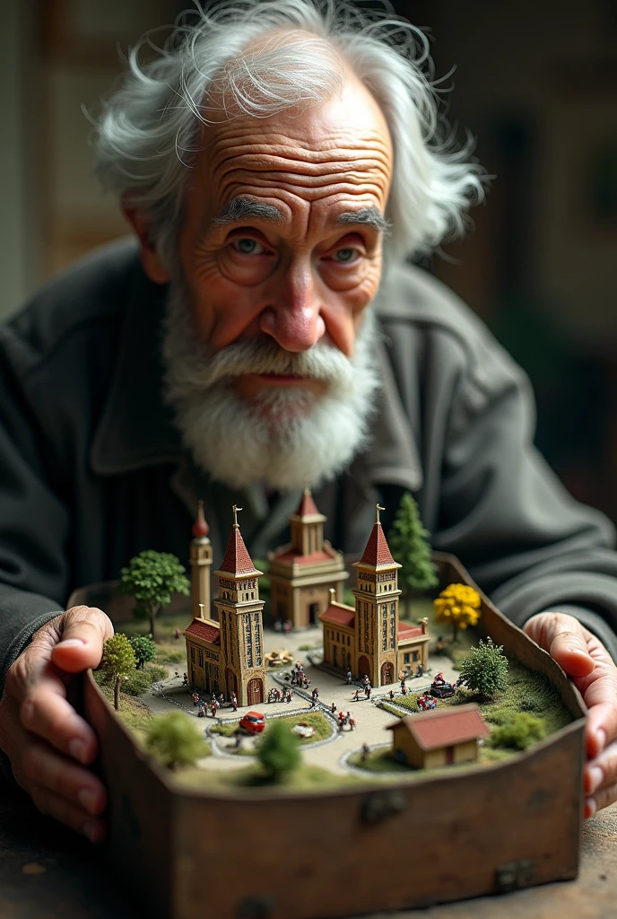 Old man. high quality, 4k, 8k, hyperrealistic, photorealistic, detailed, intricate, miniature, tilt-shift photography, man finding miniature city in box, detailed tiny buildings, realistic people, tiny vehicles, tiny trees, tiny landscape, warm lighting, shallow depth of field, cinematic, dramatic