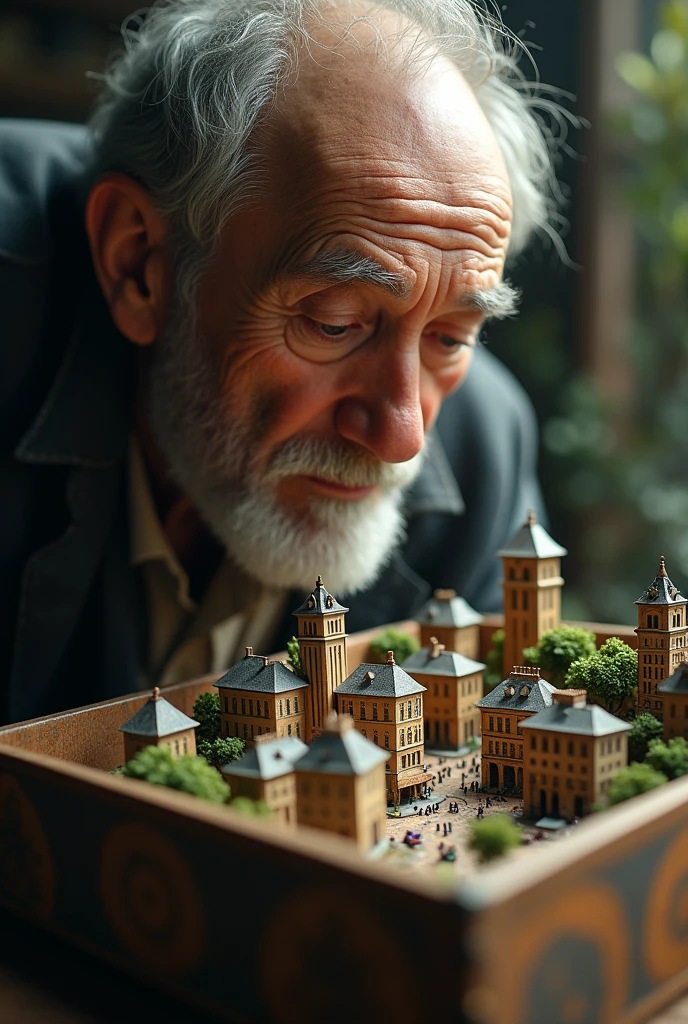 Old man. high quality, 4k, 8k, hyperrealistic, photorealistic, detailed, intricate, miniature, tilt-shift photography, man finding miniature city in box, detailed tiny buildings, realistic people, tiny vehicles, tiny trees, tiny landscape, warm lighting, shallow depth of field, cinematic, dramatic