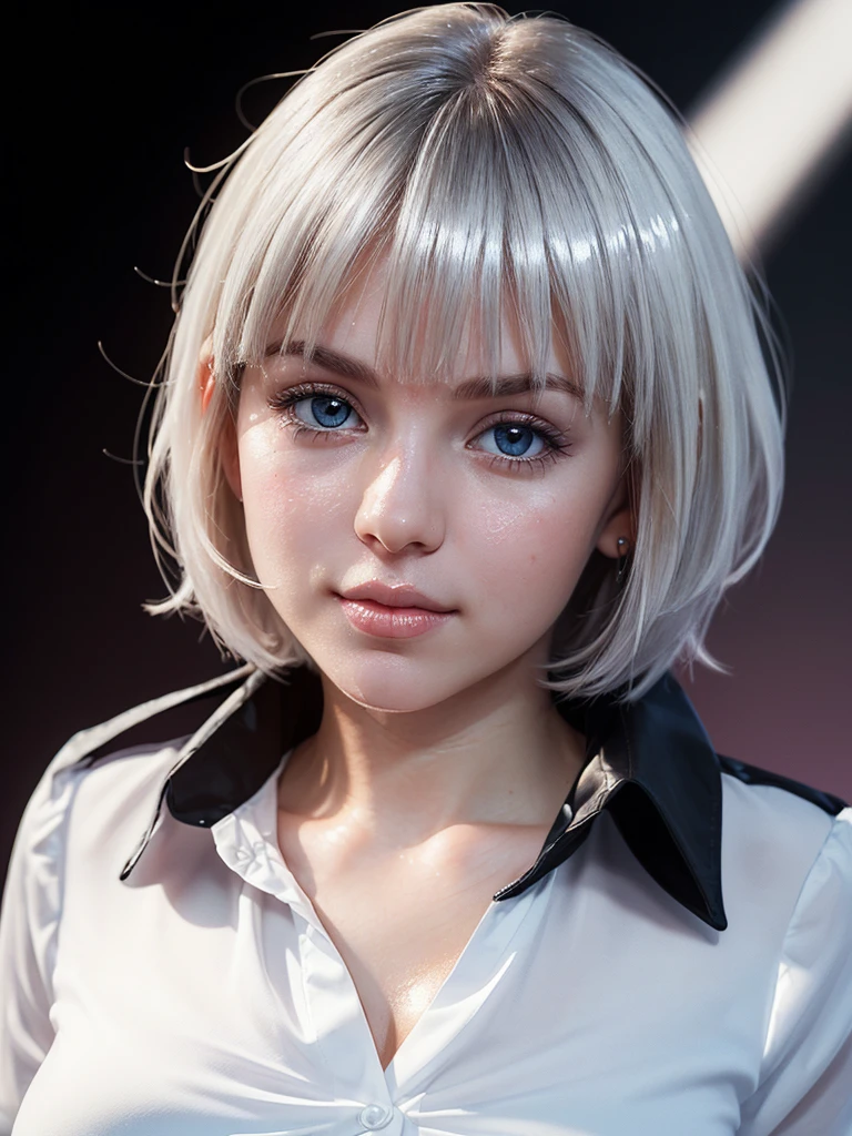 (shiny white skin:1.5),(cute girl :1.5),(cute face:1.5) ,(black  blouse:1.3),
 (clear background:1.5) ,(cleavage:1.6),(short white hair:1.4),(bangs:1.3) extremely detailed CG unity 8k wallpaper