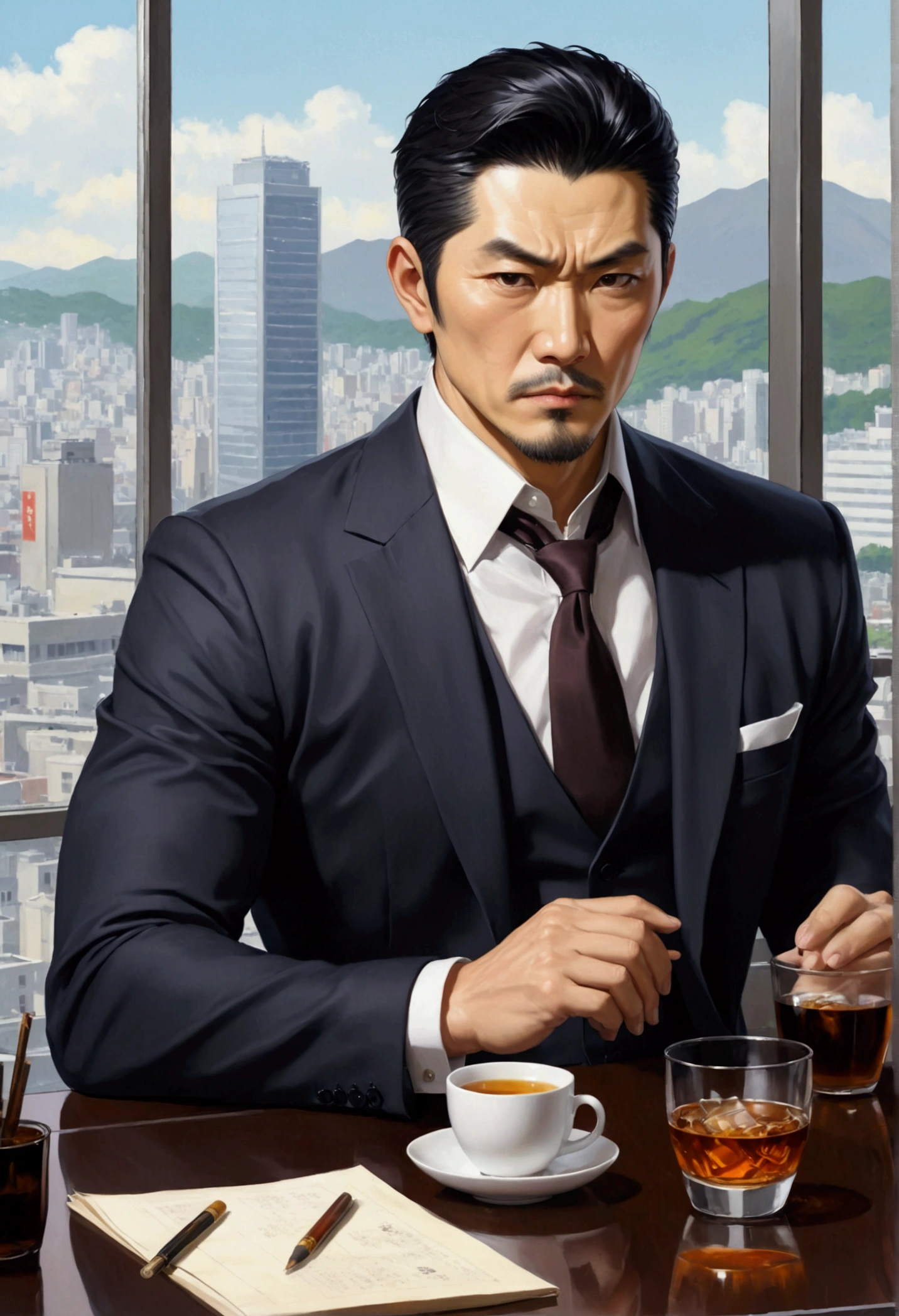 Digital  Manhwa minimalista oil painting art , 50-year-old man of Japanese ethnicity with pronounced masculine features, athletic appearance and visible beauty, short black hair, serious look, pale skin, black eyes, sitting elegantly in his office with a view of the buildings, dressed in a business manner with a cup of whiskey