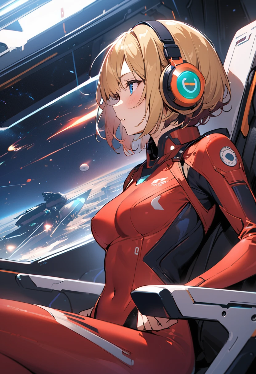 ( short hair, street, Emo, Blonde, Blue Eyes, ,headphone,eyeliner, Apocalypse, , internal (cockpit) of (Futuristic spaceship:1.6), , blush,Sit on a chair, Covered navel, Space Helmet, Mvrów, Space Helm, Plug Suit , Space Helmet, Eva Helm,Red bodysuit, short hair, From the side,Upper Body,close,Looking this way、background moving at high speed、