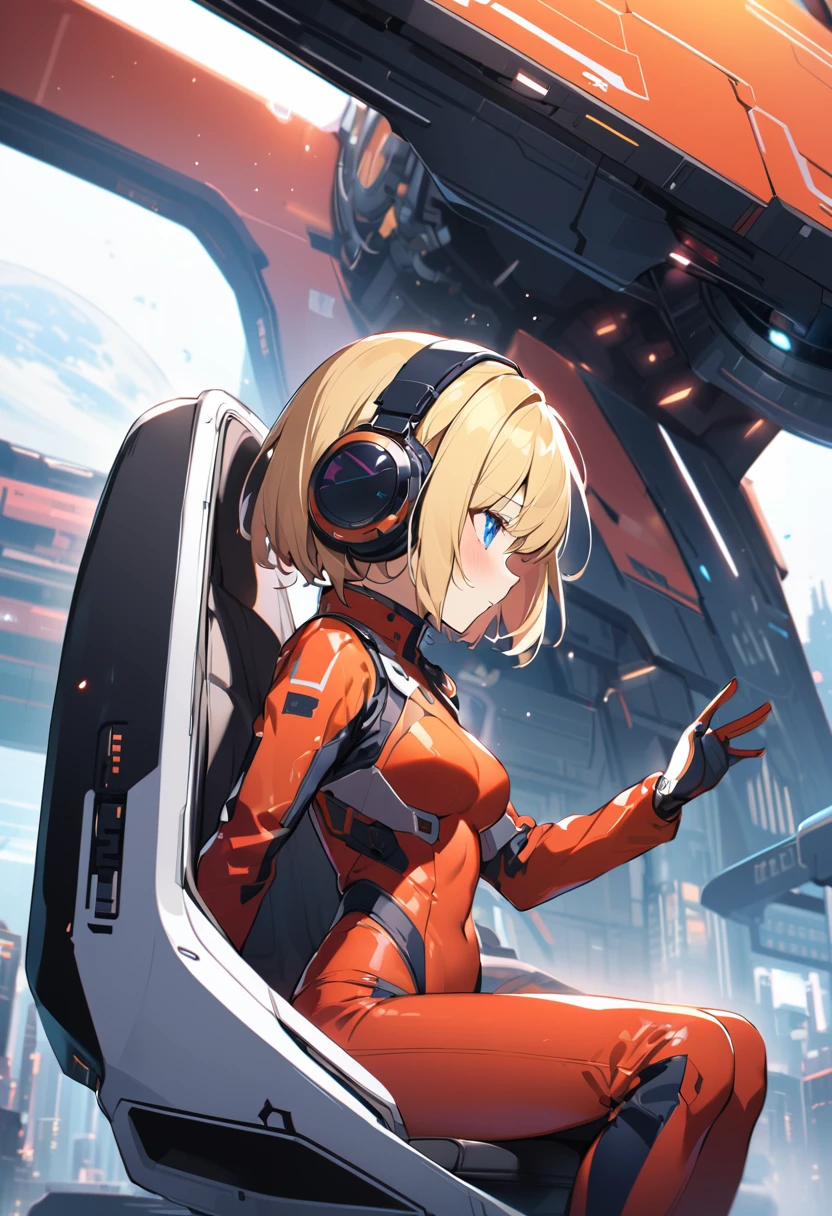 ( short hair, street, Emo, Blonde, Blue Eyes, ,headphone,eyeliner, Apocalypse, , internal (cockpit) of (Futuristic spaceship:1.6), , blush,Sit on a chair, Covered navel, Space Helmet, Mvrów, Space Helm, Plug Suit , Space Helmet, Eva Helm,Red bodysuit, short hair, From the side,Upper Body,close,Looking this way、background moving at high speed、