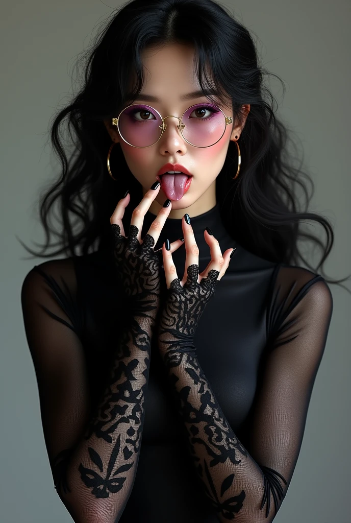 Wearing a long-sleeved black base rhythmic gymnastics leotard、A Japanese woman with heavy purple eyeshadow、Japanese woman wearing long black lace gloves、Gold-rimmed glasses、Black hair curly long、Licking fingers with tongue