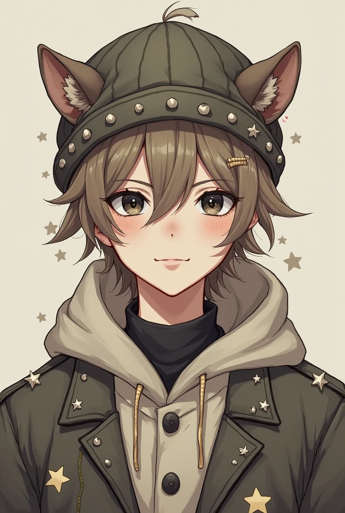 Semi-realistic manhwa style.
Young man, Pale skin, black eyes, Light brown hair, They wore emo-style clothing with faded colors, uses a wool hat with star accessories and has otter ears