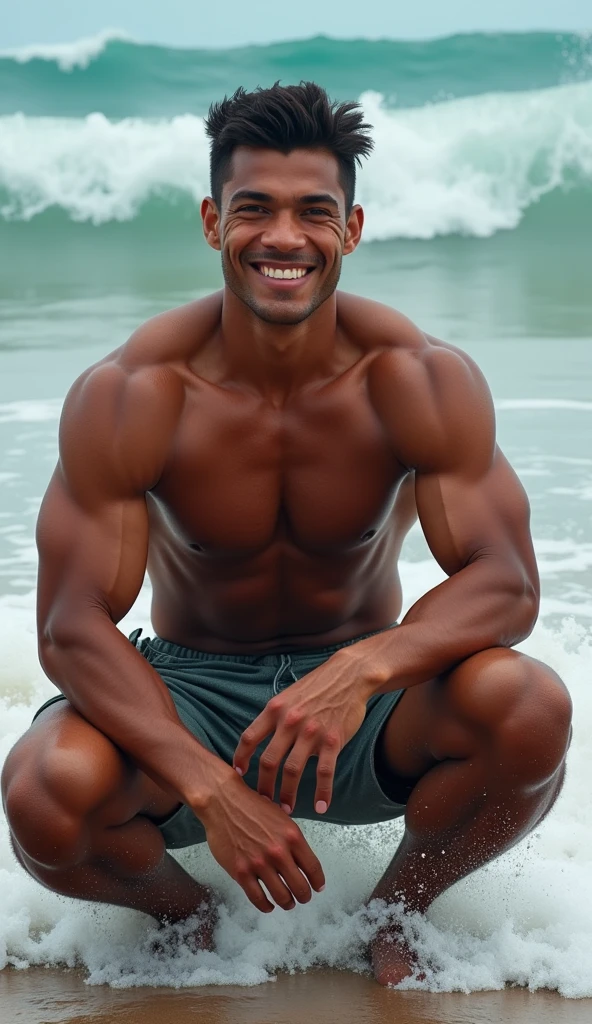 photorealistic, best quality, masterpiece, extremely detailed, sexy, homoerotic, extremely handsome, 20 year old samoan man, muscular bodybuilder, smiling, squatting on the shore, splashing waves, extremely romantic atmosphere, perfect face, perfect fingers, perfect hands, perfection