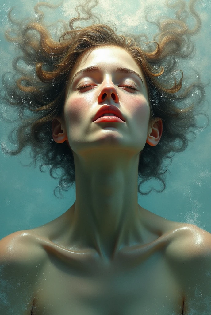adult female, relaxed, copper hair, (freckles on bridge of nose:0.3), underwater, photorealistic, upper body, (eyes closed:1.1),  (closed mouth), detailed face, happy, floating hair (sea plants:0.5), (bubbles:0.5), nude, naked, nsfw,  (small breasts), skinny, waves, swimming