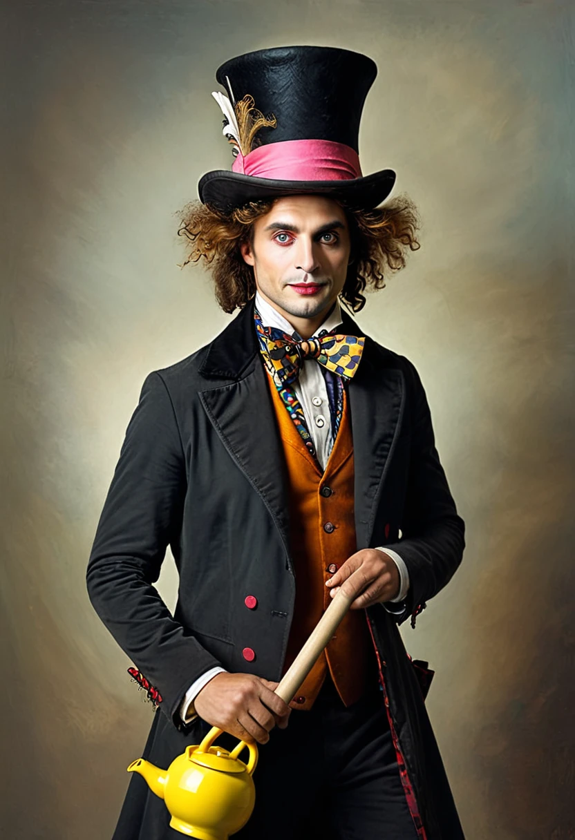 Portrait of Javier Milei, dressed like the Mad Hatter, gaze with strangeness and madness, carrying a mallet and trying to break a piggy bank.