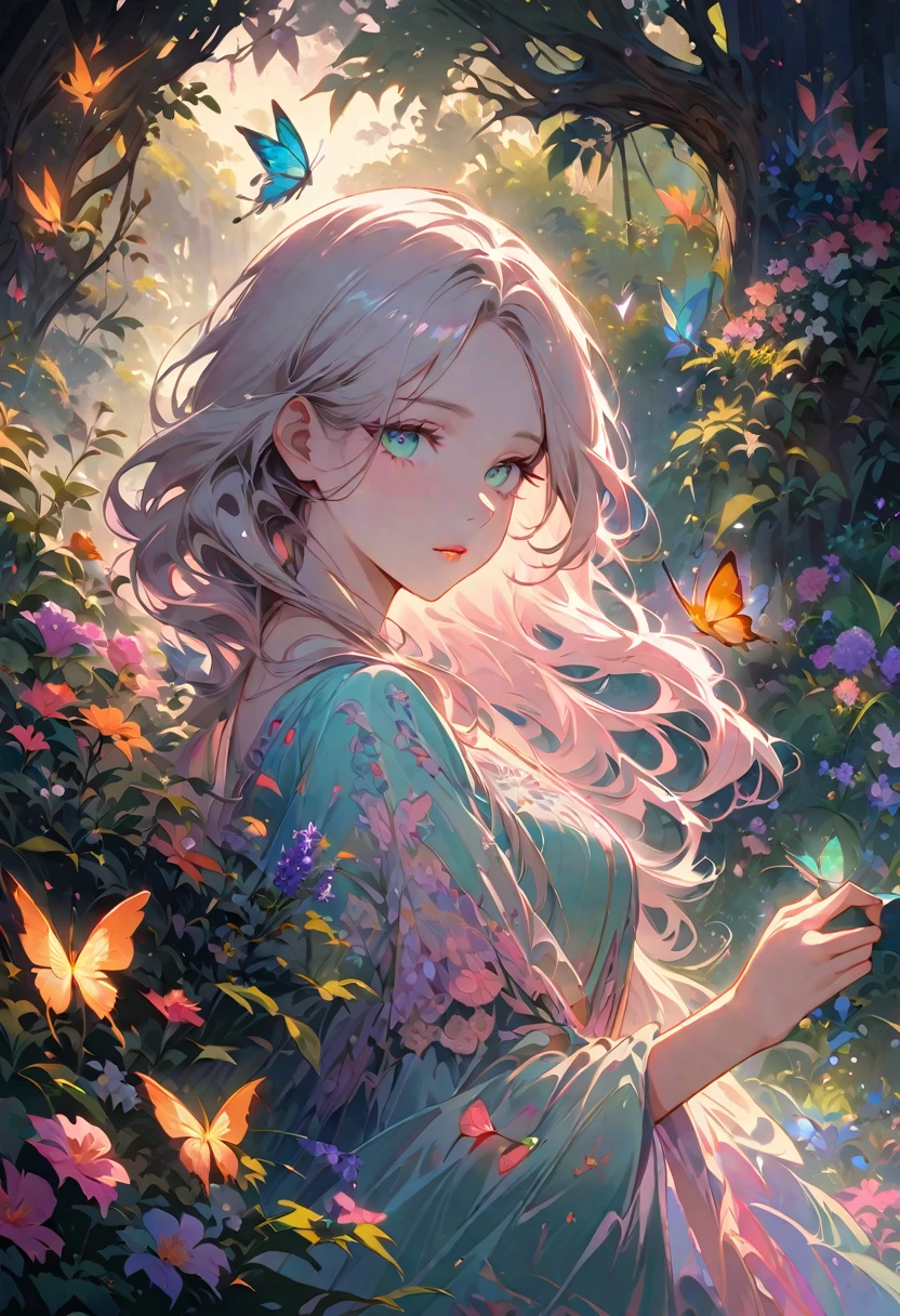 A slender albino girl, (best quality, ultra-detailed) exquisite facial features (long eyelashes, detailed eyes, detailed lips), wearing a flowing pastel dress, standing gracefully in a vibrant garden. The garden is filled with lush greenery, blooming flowers, and colorful butterflies. The sunlight filters through the trees, casting a soft, warm glow on the girl's porcelain-like skin. The atmosphere is dreamlike and ethereal, with a touch of magic. The color palette is soft and delicate, with pastel hues of pink, lavender, and mint green dominating the scene. The overall image is of high resolution, with intricate details capturing every delicate feature of the girl and the garden. The art style is a fusion of traditional painting techniques and digital rendering, resulting in a unique and mesmerizing visual aesthetic. The lighting is soft and diffused, creating a serene and peaceful ambiance.