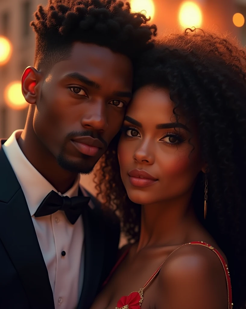 "Create a cover for the book 'The Price of Desire'.' Featuring a handsome young African American man and a stylish Latina woman with dark chocolate skin and long and beautiful curly hair. The portrait should show them as a romantic couple, with detailed facial features, captured in cinematic lighting and a dramatic setting. The image should be vibrant and colorful, with photorealistic quality. Aim for an 8k masterpiece with a subtle warm glow and soft focus in the background. Both characters should have their eyes looking directly at the viewer.