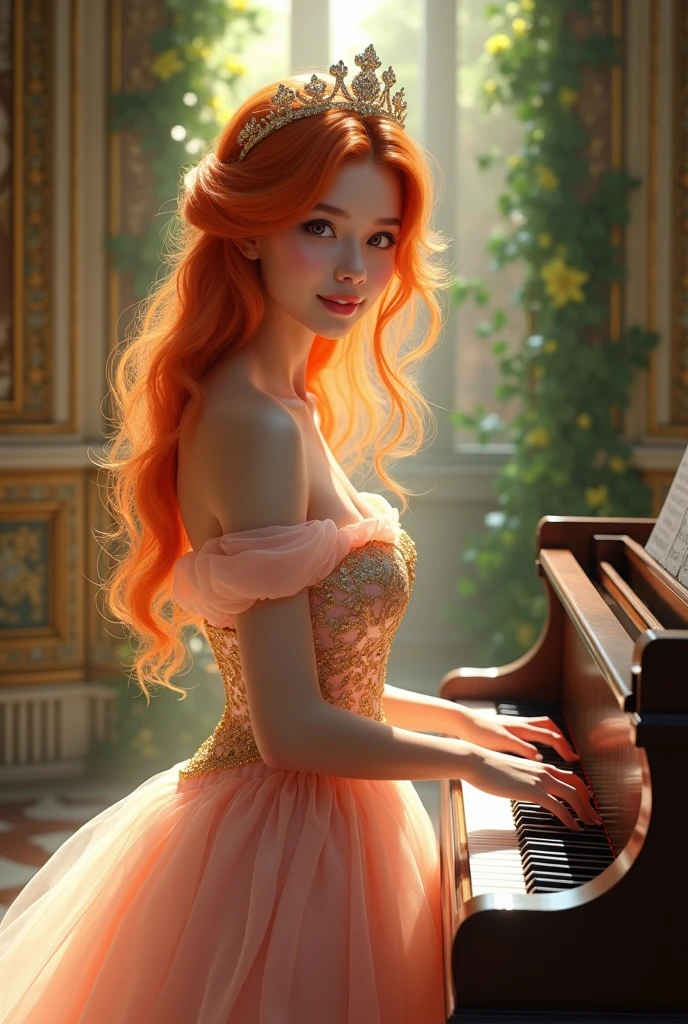 1 princess, alone, beautiful, looking at the viewer, beautiful body, blush, (very long wavy orange hair), (median mother), (pink eyes), very realistic eyes, princess dress, castle surroundings, Very detailed, masterpiece,  play piano, smiling, Best Quality, of the highest quality, High resolution, (masterpiece:1.2), Realistic lighting, amazing lighting