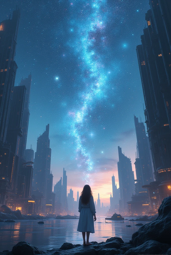 A futuristic landscape。If I close my eyes, there are countless stars, and deep in my heart, my ideals are swirling　No matter how many times I try,　Try