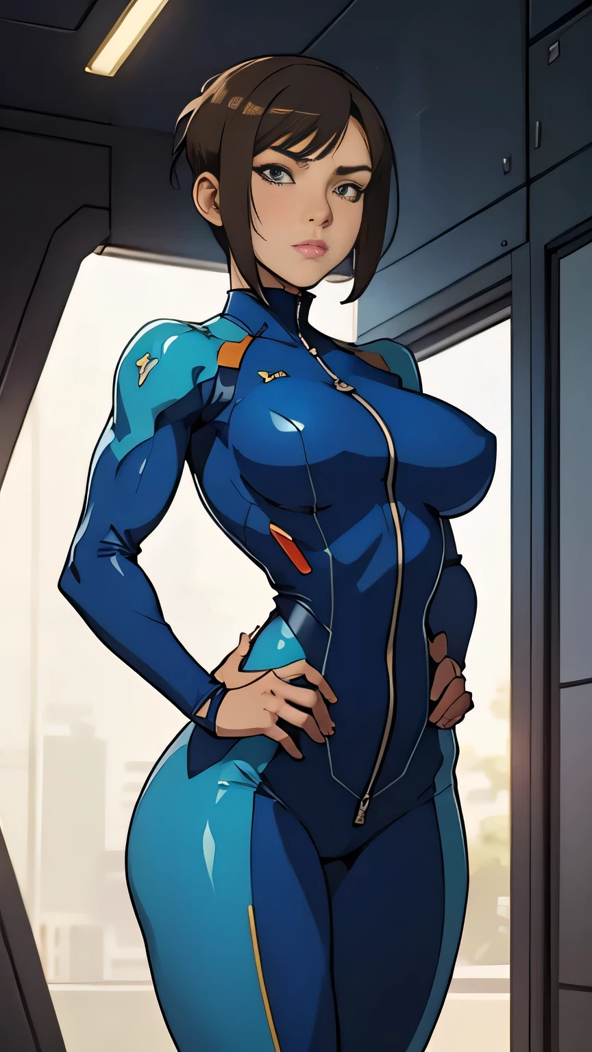 photo of mlp Meowko, RAW, beautiful woman, ((portrait)), ((detailed face:1.2)), ((anime face, anime facial feature, clear skin, glossy anime lips, clear skin), (short lesbian haircut, brunette: 1.55), (perfect proportioned body, Strong, muscular, narrow waist, narrow hips, skinny, large breasts), (she is wearing a tight blue jumpsuit, baby blue, zero suit Samus, Samus cosplay, unzipping suit, undressing), spaceship background, stars, (realistic photo, best quality, detailed), (8k wallpaper), (bright cinematic lighting, lens flares, beautiful light, (noon:1.3)) (sharp focus, intricate)