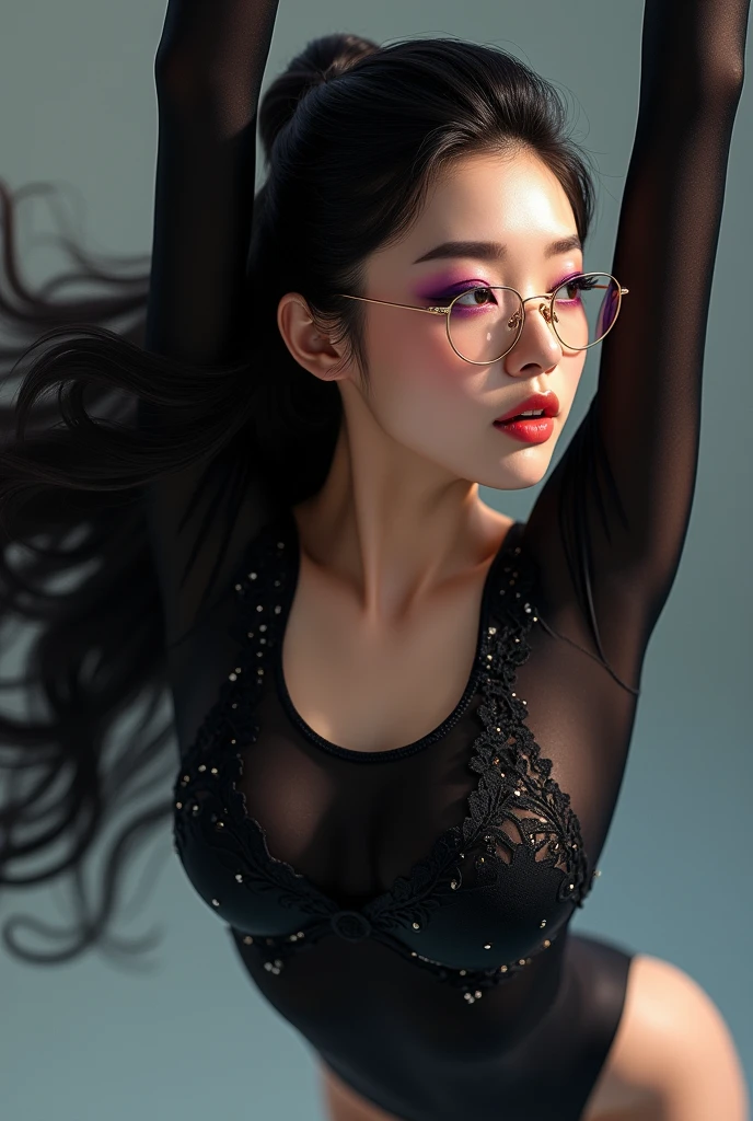 Wearing a long-sleeved black base rhythmic gymnastics leotard、A Japanese woman with heavy purple eyeshadow、Japanese woman wearing long black lace gloves、Gold-rimmed glasses、Black hair curly long