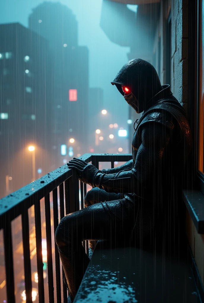 Smoke(mortal kombat, sitting on balcony, raining, night, best quality detailed