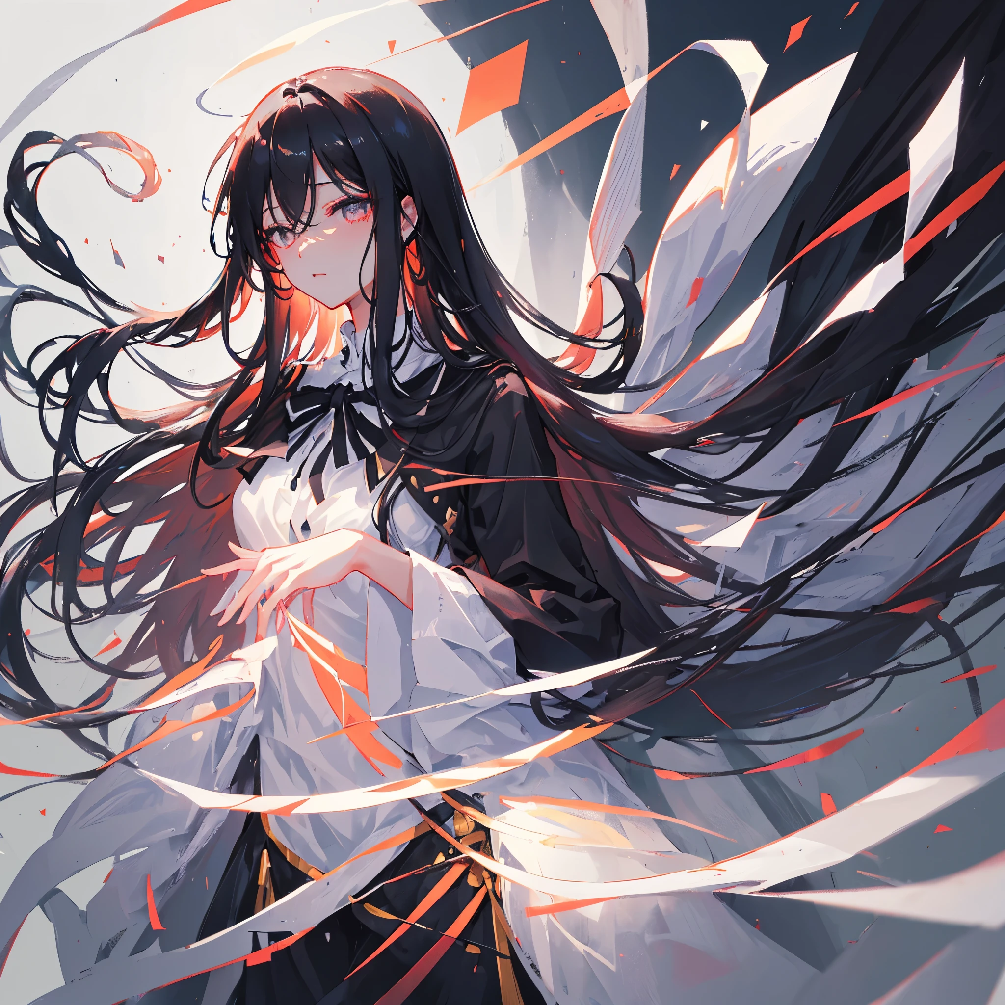 一名Black straight hair女士,(Mature),gentle,gorgeous,Black straight hair,gorgeous的衣服,Black and white,Beautiful figure,white ribbons floating around her body,style,White ornaments,((Pure black background))