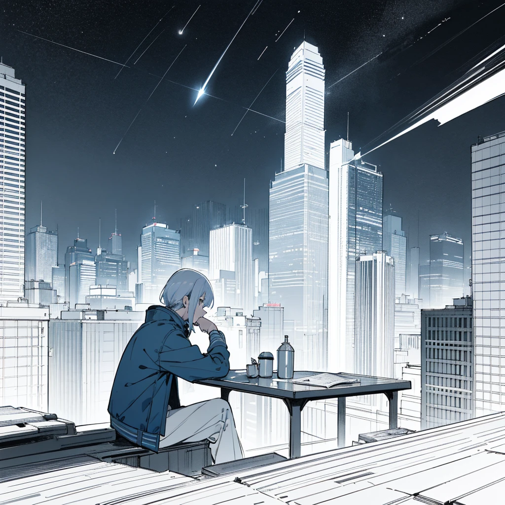 masterpiece, best quality, highly detailed,
two anime characters, rooftop night scene,
white-haired boy standing, looking at sky,
silver-haired girl sitting, drinking from thermos,
starry night sky, shooting star,
city skyline in background, skyscrapers,
cool color palette, blue and white tones,
manga style linework, slight glow effects,
cozy winter outfits, jackets,
textbooks on table, study break atmosphere,
soft lighting from distant buildings,
anime style, urban night mood, slice of life