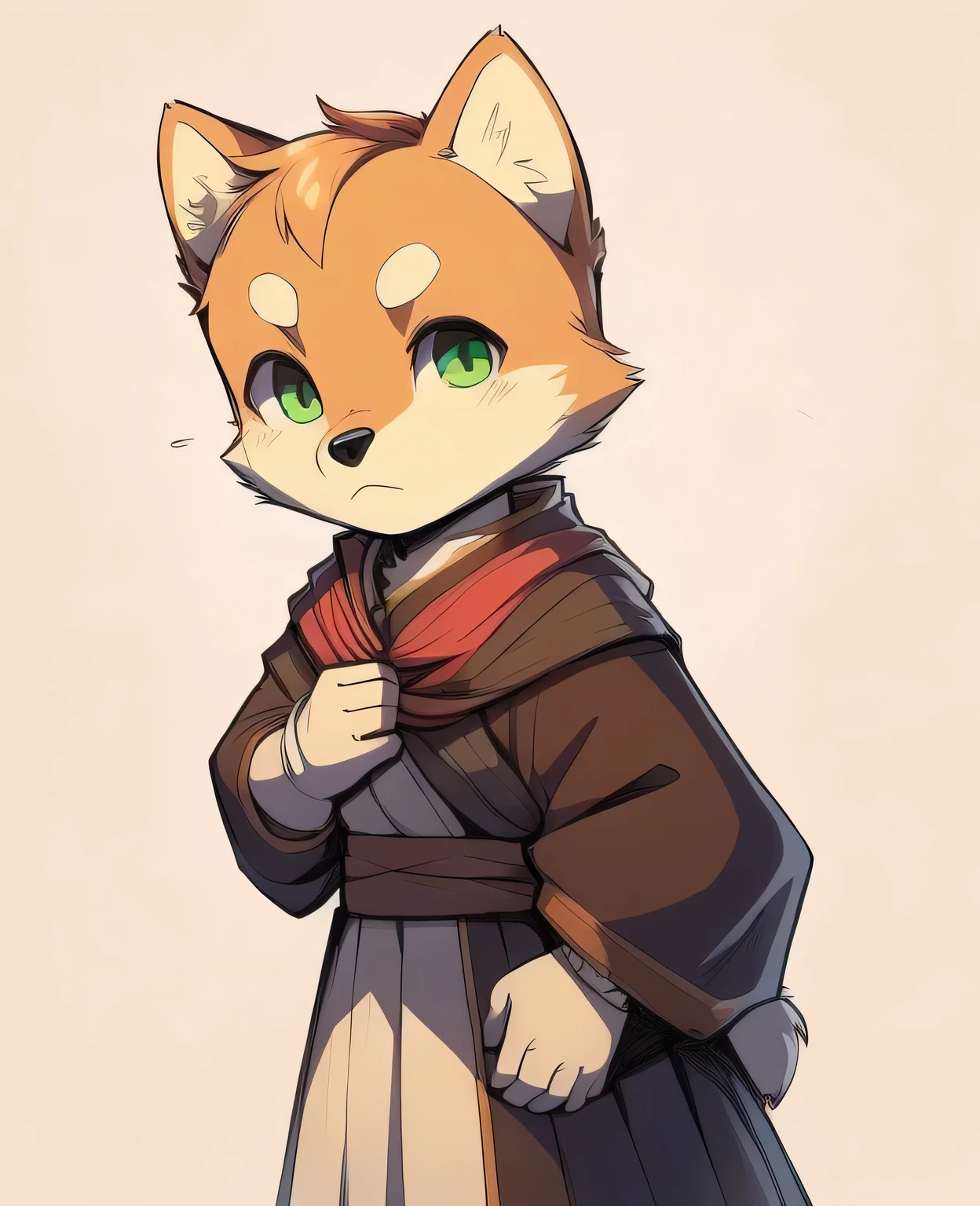 12-year-old anthropomorphic male Shiba Inu,green eyes,The expression is a little serious but a little cute,Dressed in Medieval Monk Clothing
