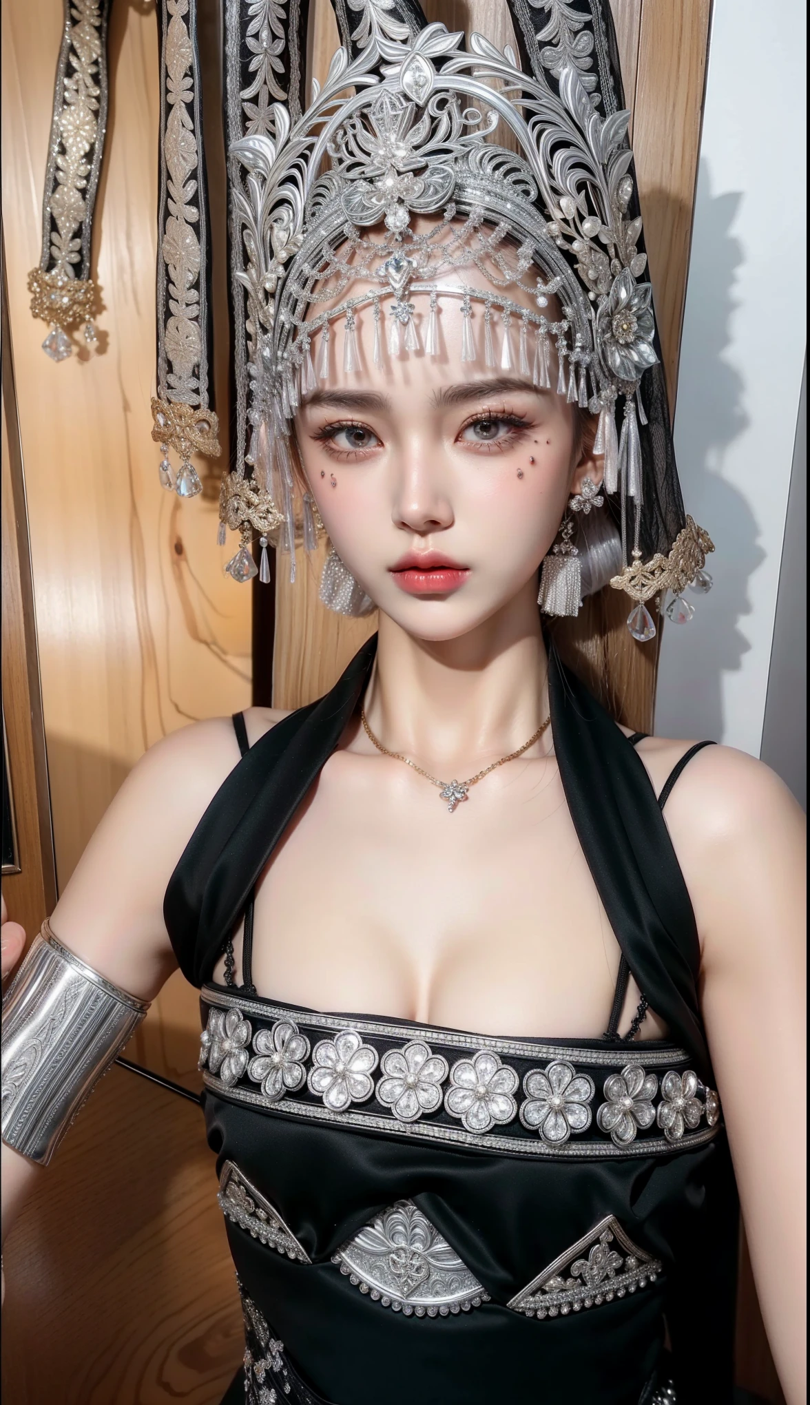 Royal sisters，Exquisite eyes，Frozen Queen，Put the crown on your head，Detailed facial expressions body，Tall and big，Glamorous characters，Leg length，4K，HD，Sensual，White translucent lace，白皙full image，Little cherry mouth，Beautiful and lovely，full image，Glossy Gel Coat，Vampire Queen in luxurious robes，Have a tattoo(Intricate tattoo designs)，Ice Princess，Rich facial details，Gold diamonds，Luxurious and exquisite jewelry，Miao Silver Ornaments