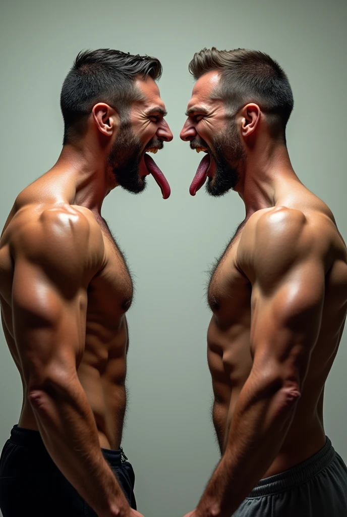 create a high-resolution image of two real men, facing each other, with their tongues out drooling, wearing no shirt, sweaty.