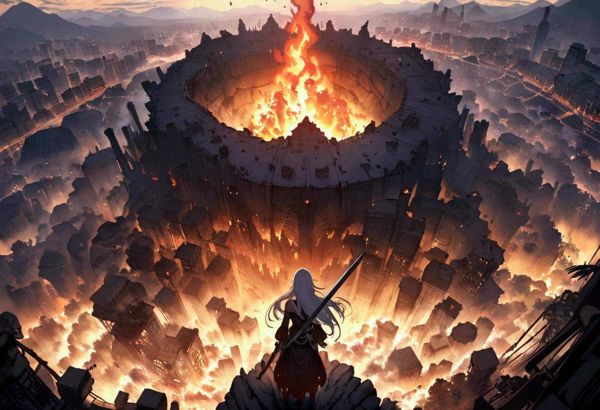 Woman with a sword. In a battle with a giant dragon, White Hair, A back view of someone facing forward, Panoramic view from above, A crumbling city, inflammation