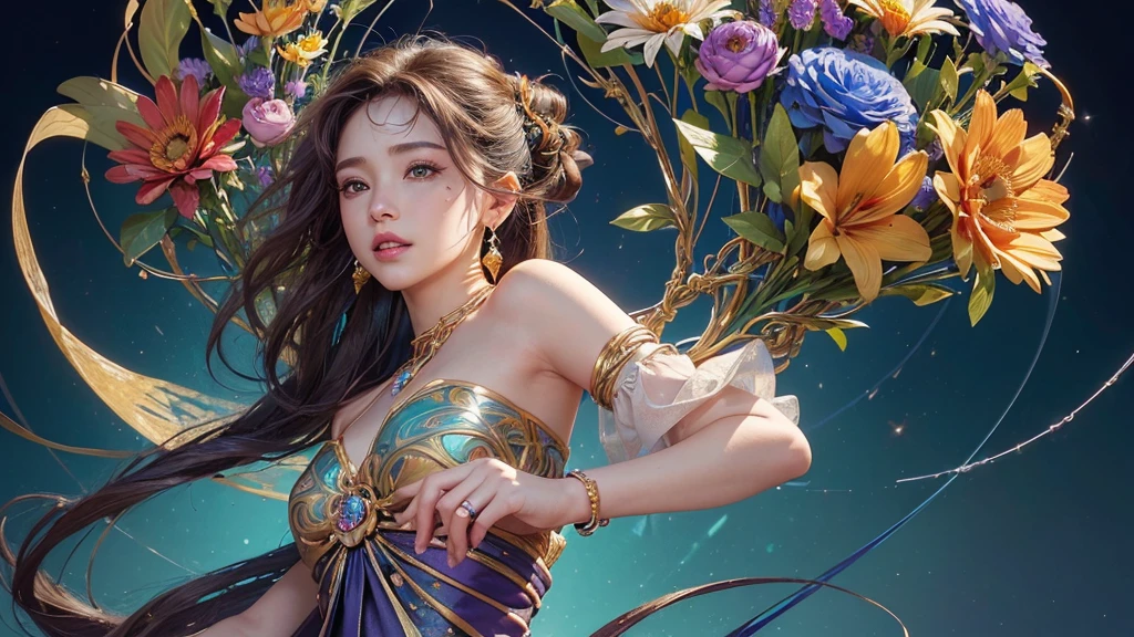 32K, 最高quality, 最高masterpiece, (ultra-Detailed Background, Detailed Background), High resolution, Super detailed, Very detailedな, 1 personの, (bouquet:1.3), (Tangled:1.2), (Geometric:1.2),(colorful),(masterpiece, quality, best quality, Official Art, Beautiful and beautiful:1.2), (1 person:1.3), Very detailed,(colorful:1.1)(Flowers:1.3),Most detailed,(Tangled:1.2), whole body, (Abstract background:1.3), (Skin glows), (Many colors:1.4), ,(Earrings Jewelry:1.5), Blue Background,