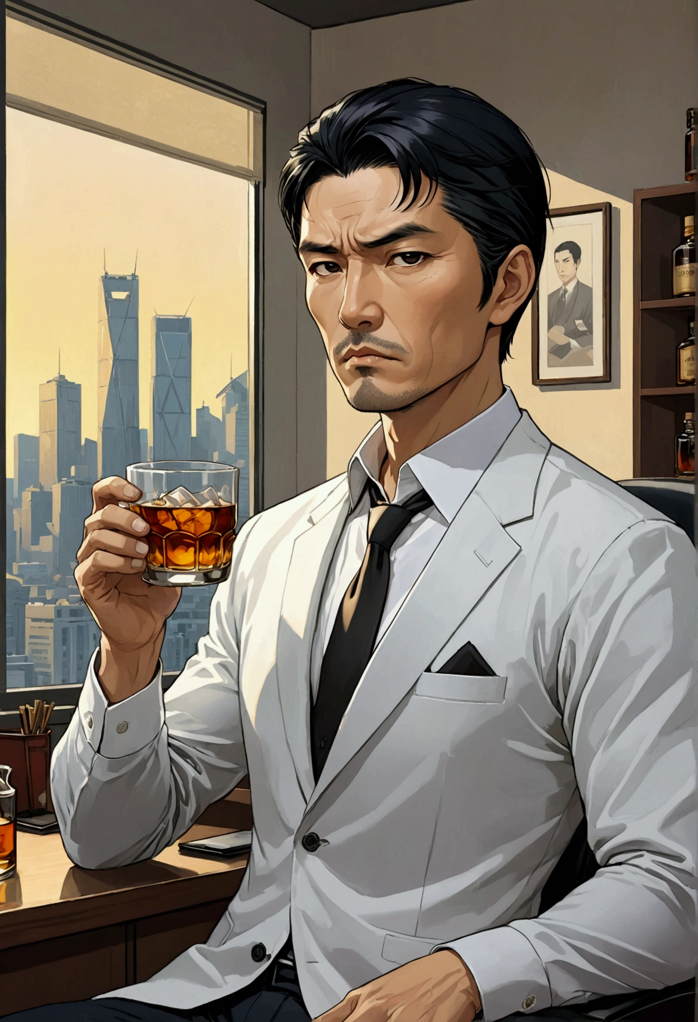 Digital Manhwa minimalista oil painting art , 50-year-old man of Japanese ethnicity with pronounced masculine features, athletic appearance and visible beauty, short black hair, serious look, pale skin, black eyes, sitting elegantly in his office with a view of the buildings, dressed in a business manner with a cup of whiskey
