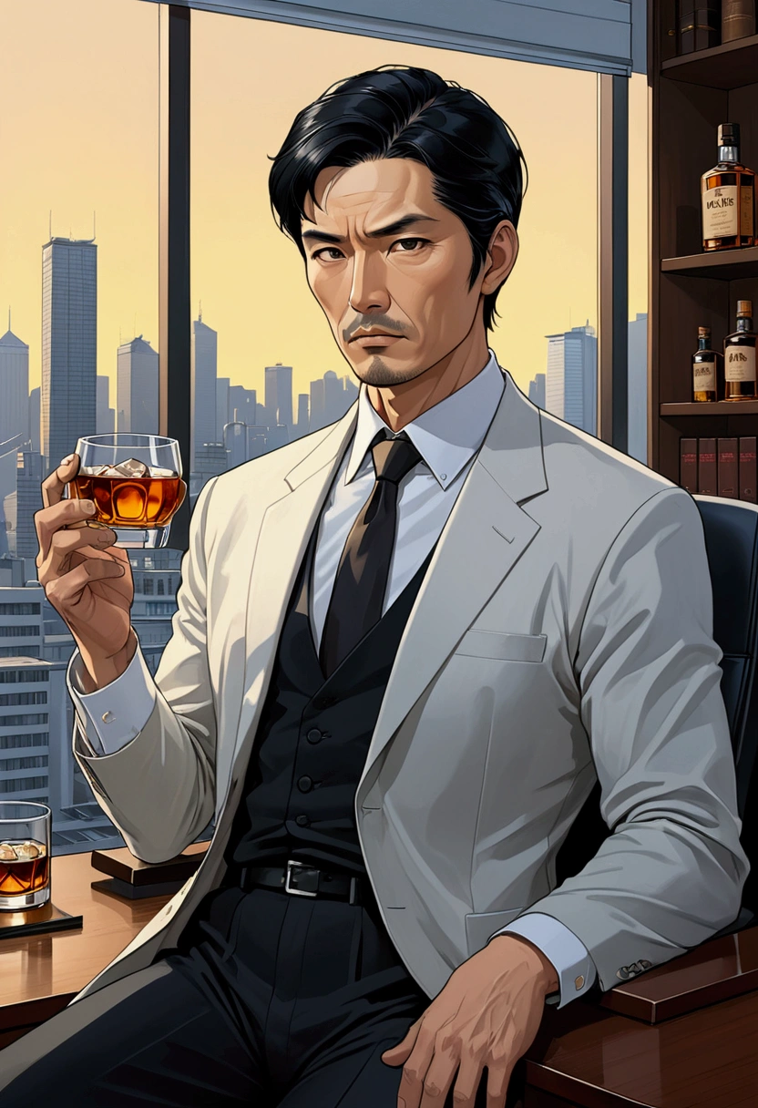 Digital  Manhwa minimalista oil painting art , 50-year-old man of Japanese ethnicity with pronounced masculine features, athletic appearance and visible beauty, short black hair, serious look, pale skin, black eyes, sitting elegantly in his office with a view of the buildings, dressed in a business manner with a cup of whiskey